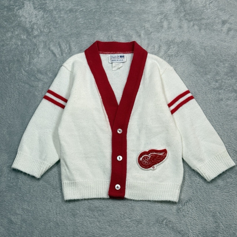 Vintage Chestnut Hill Kidswear Red Wings Cardigan Toddler 4T White NHL